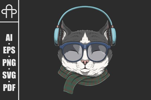Cat Wears Headphones Illustration