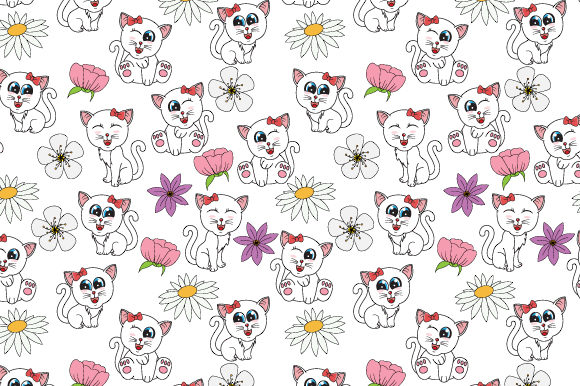 Cute Cat and Flower Seamless Pattern